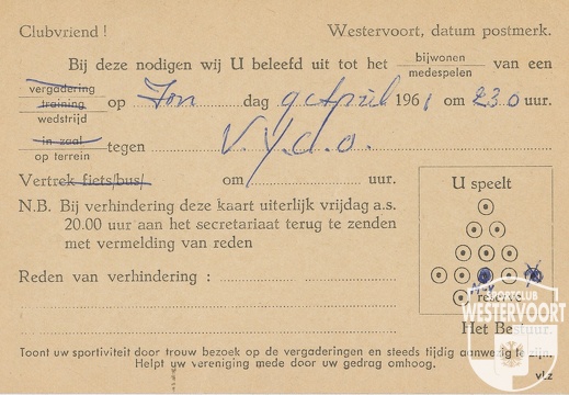 1961 - Uitnodiging aan speler wedstrijd